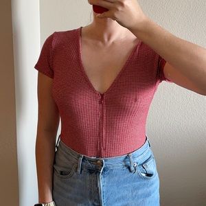 Out From Under Stripe Ribbed V Neck Zip Bodysuit